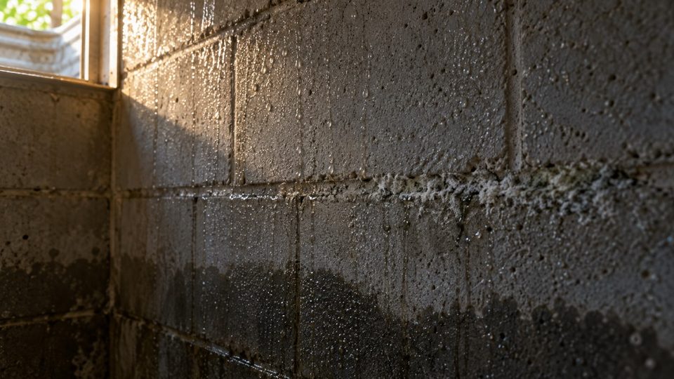 Summer condensation beaded on a cold basement block wall