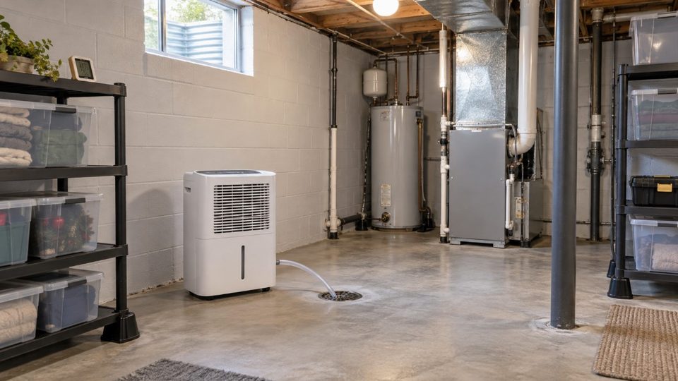 Dehumidifier running in a dry, well-kept Janesville basement