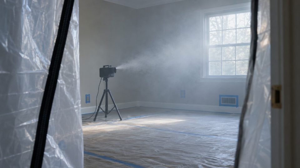 Dry fog equipment treating a sealed room during mold remediation