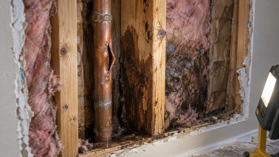 Burst copper supply line and water damage in a cold exterior wall