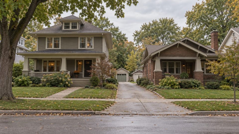 1910s and 1920s foursquare and bungalow housing of the kind found in Riverside, WI