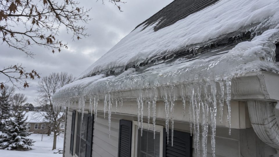 Ice dam at the eave of a Wisconsin roof, the cause of attic and ceiling mold