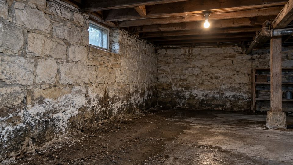 Limestone cellar wall in an older Courthouse Hill house showing rising damp