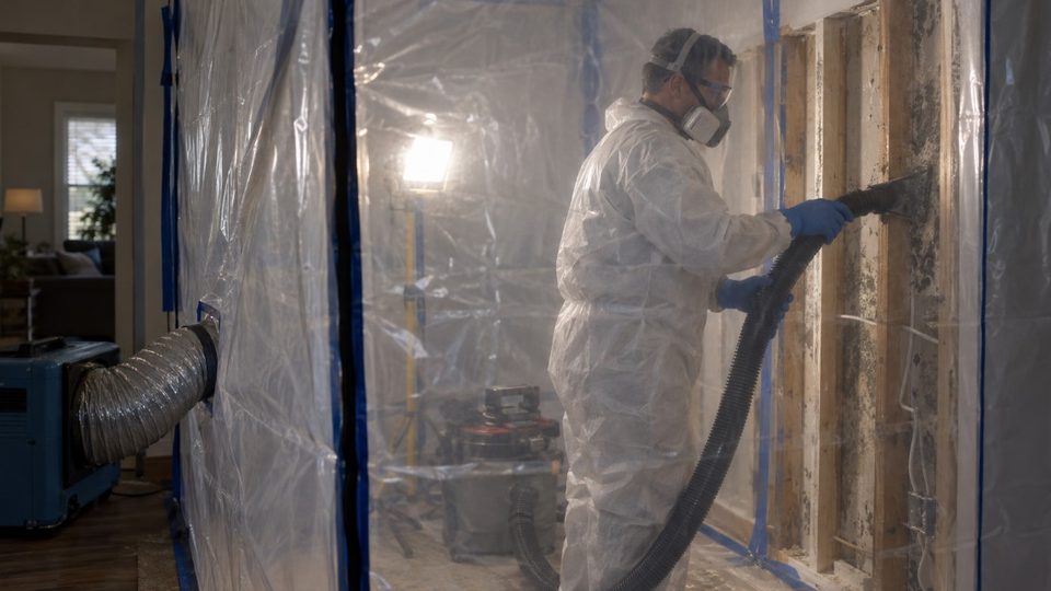 Mold remediation specialist working under containment in a Janesville property