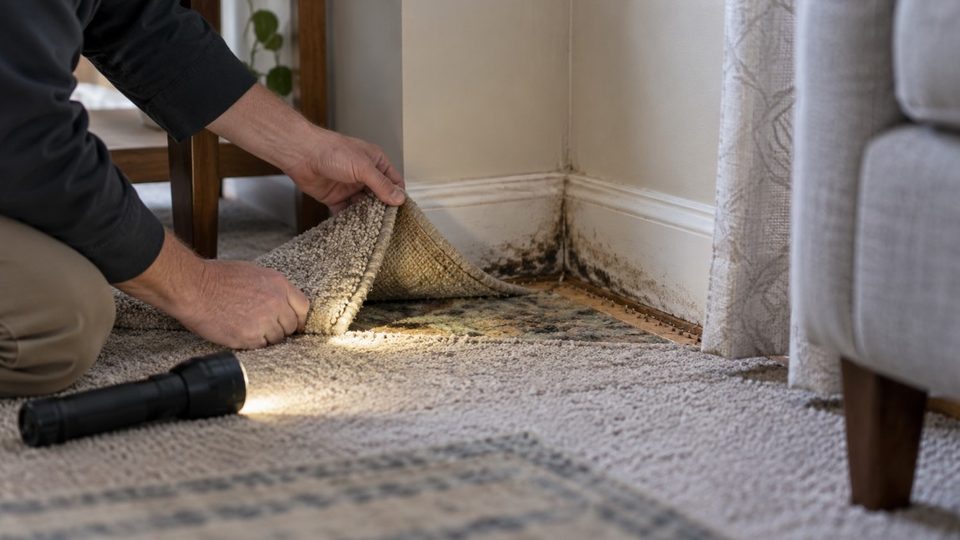 Inspector checking for hidden signs of mold in a Janesville home